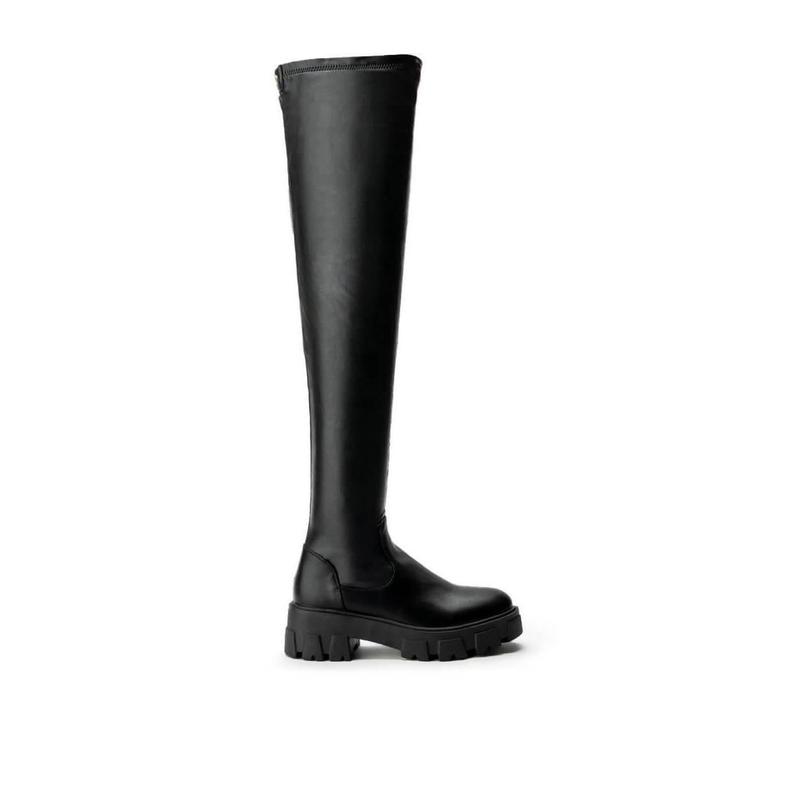 AZALEA WANG LATE NIGHTS OVER THE KNEE FLATFORM BOOT WITH 4 WAY STRETCH IN BLACK