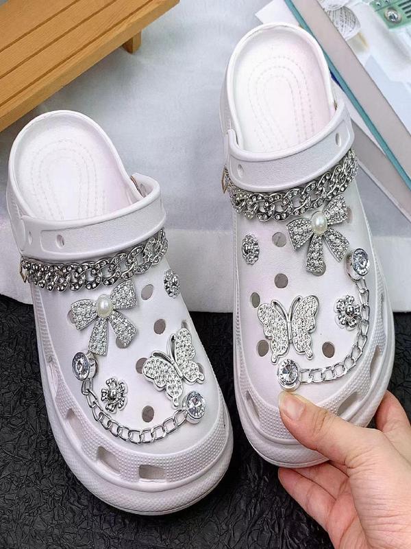 Rhinestone Decorated Butterfly & Flower & Chain Design Shoe Charms, Cute Shoe Decoration for Women's Crocs, Fashionable Shoes Decoration for Party, Daily Decor