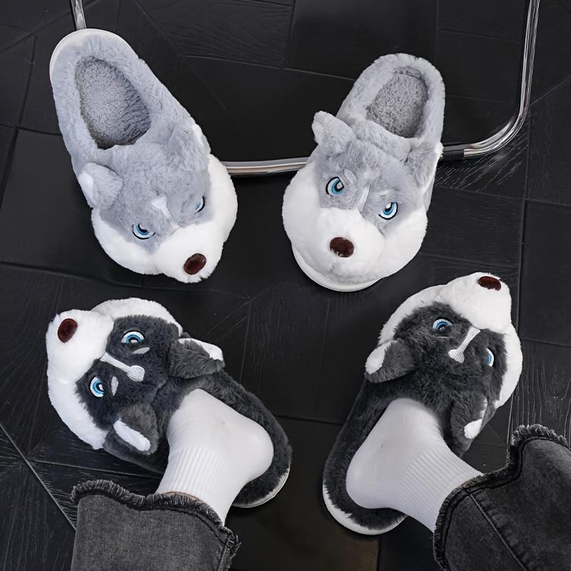 Men'S Cute Husky Style Slippers, Soft and Durable, Unisex Indoor Shoes, Waterproof Sole, Warm Winter Slippers, Casual Round Toe, One-Size-Fits-All, Cartoon Pattern, Fabric Lining and Sole