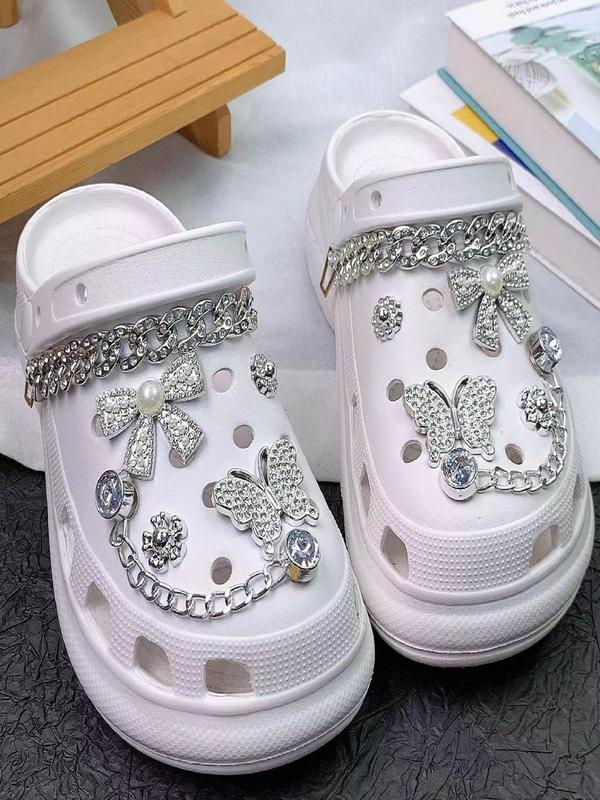 Rhinestone Decorated Butterfly & Flower & Chain Design Shoe Charms, Cute Shoe Decoration for Women's Crocs, Fashionable Shoes Decoration for Party, Daily Decor