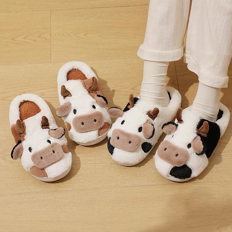 Women's Cute Cow Slippers Winter Plush Cartoon Clog Slippers Soft Warm Anti-Slip House Shoes for Cold Weather