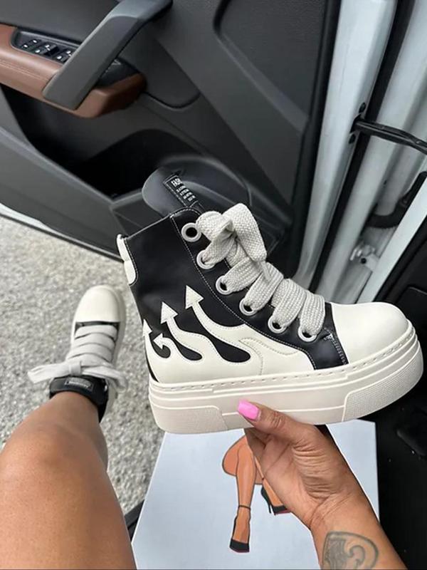 Women's Fashionable Fire Pattern Lace Up Platform Sneakers, Casual Comfortable Round Toe High Top Shoes for Daily Wear, Female All-match Shoes for Daily Wear