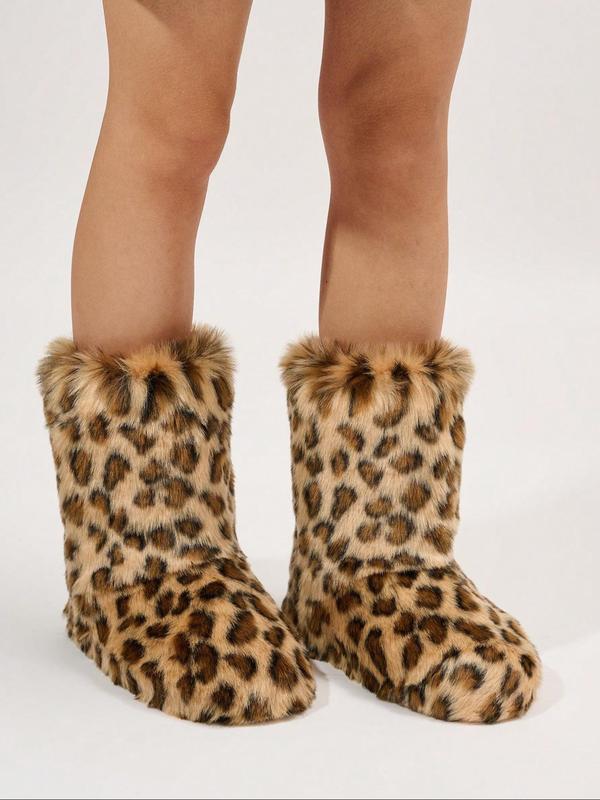 Women's Leopard Print Fluffy Lined Snow Boots, 2024 New Style Casual Warm Fuzzy Boots for Fall & Winter Outfits 2024, Female All-match Round Toe, Winter Shoes for Daily Wear