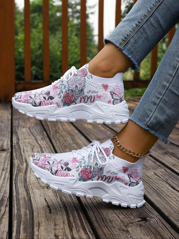 Women's Fashionable Floral Print Lace Up Low Top Sneakers, 2024 New Style Casual Comfortable Breathable Sports Running Shoes, Girl's All-match Basic Shoes for Daily Wear, Walking Shoes Mesh Shoes