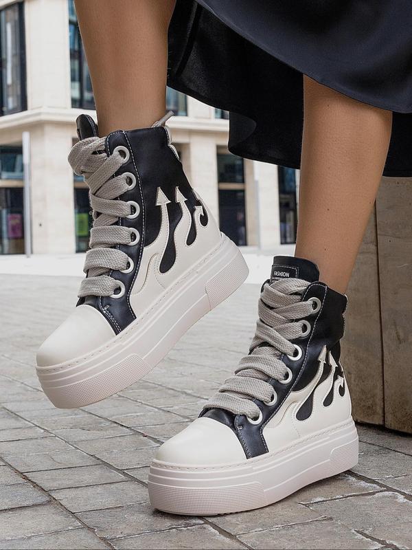 Women's Fashionable Fire Pattern Lace Up Platform Sneakers, Casual Comfortable Round Toe High Top Shoes for Daily Wear, Female All-match Shoes for Daily Wear