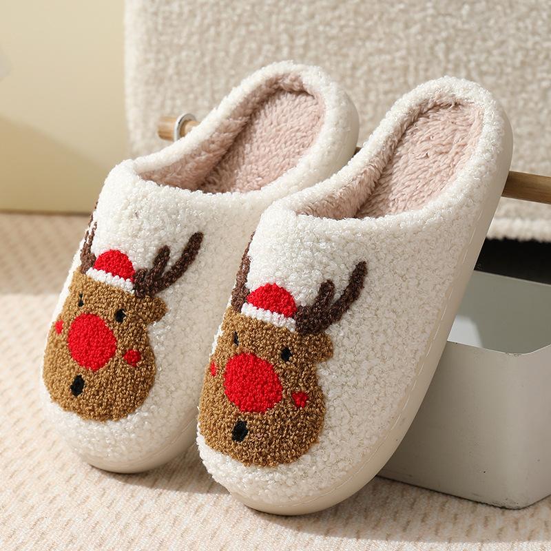 Cute Christmas Elk Pattern Fuzzy Slippers, Closed Toe Soft Sole Flat Plush Slippers, Winter Warm Home Slippers,Cotton Slippers for Women Men