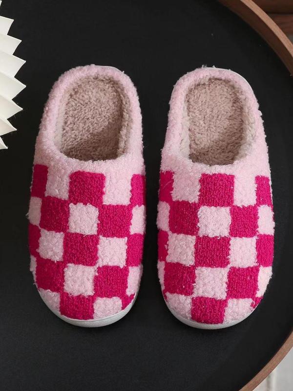 Women's Checkerboard Pattern Plush Slippers, Cute Soft Comfortable Home Slippers, Warm Slippers for Indoor & Outdoor Use for Fall & Winter