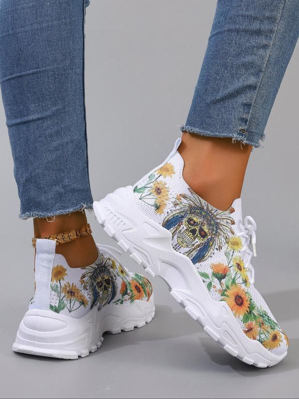 Women's Fashionable Floral Print Lace Up Low Top Sneakers, 2024 New Style Casual Comfortable Breathable Sports Running Shoes, Girl's All-match Basic Shoes for Daily Wear, Walking Shoes Mesh Shoes