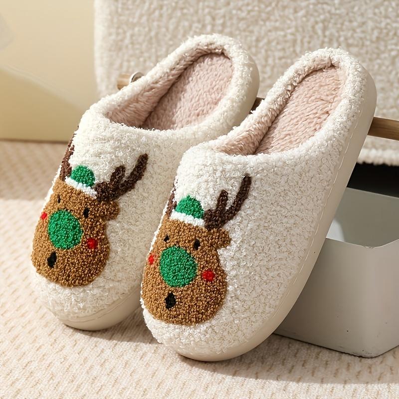 Cute Christmas Elk Pattern Fuzzy Slippers, Closed Toe Soft Sole Flat Plush Slippers, Winter Warm Home Slippers,Cotton Slippers for Women Men