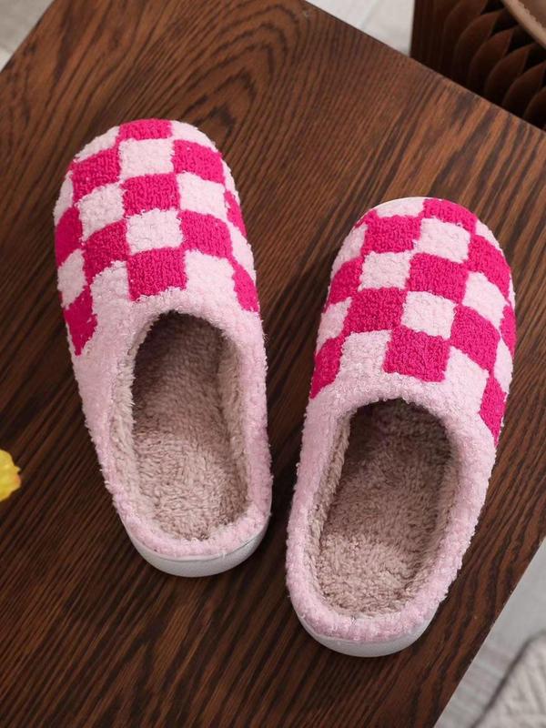 Women's Checkerboard Pattern Plush Slippers, Cute Soft Comfortable Home Slippers, Warm Slippers for Indoor & Outdoor Use for Fall & Winter