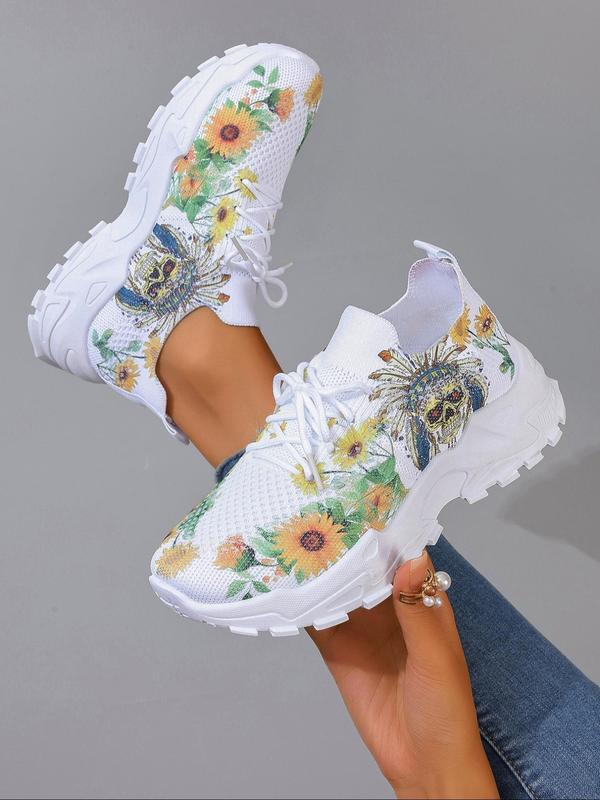 Women's Fashionable Floral Print Lace Up Low Top Sneakers, 2024 New Style Casual Comfortable Breathable Sports Running Shoes, Girl's All-match Basic Shoes for Daily Wear, Walking Shoes Mesh Shoes