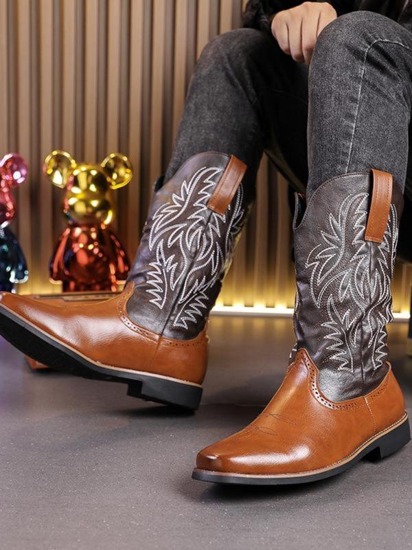 Men's Fashionable Colorblock Embroidering Design Cowboy Boots, Casual Comfortable Western Boots for Daily Wear, Fashion Shoes for Party, Daily Clothing Decor