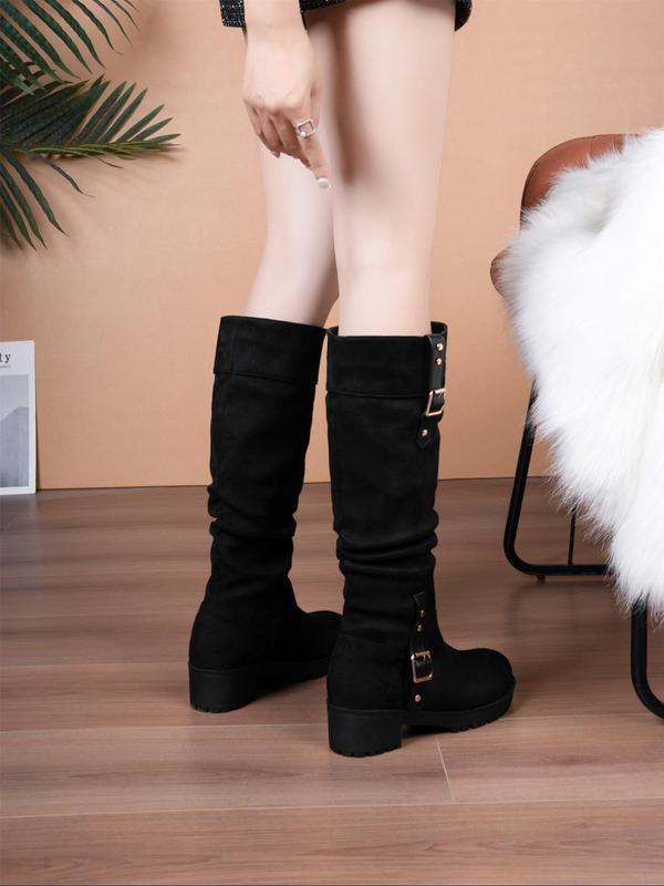 Women's Ruched & Studded Decor Boots, Fashionable Solid Color Round Toe Boots for Fall & Winter, Female All-match Boots for Daily Wear