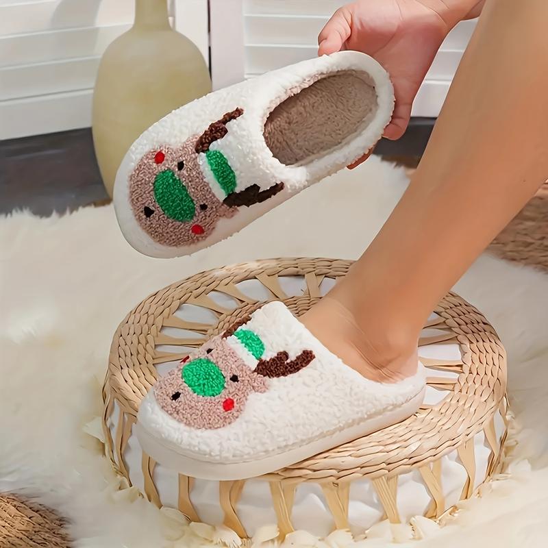 Cute Christmas Elk Pattern Fuzzy Slippers, Closed Toe Soft Sole Flat Plush Slippers, Winter Warm Home Slippers,Cotton Slippers for Women Men