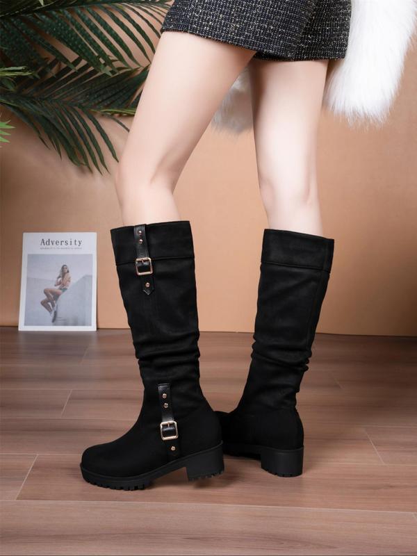 Women's Ruched & Studded Decor Boots, Fashionable Solid Color Round Toe Boots for Fall & Winter, Female All-match Boots for Daily Wear