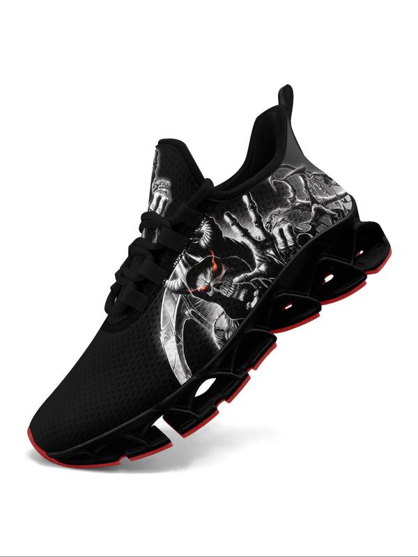 Men's Fashion Gesture Skull Print Lace Up Running Shoes, Casual Comfortable Breathable Sports Shoes, Male All-match Round Toe Sneakers for Daily Wear