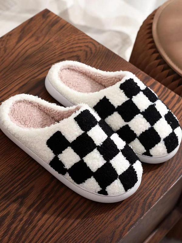 Women's Checkerboard Pattern Plush Slippers, Cute Soft Comfortable Home Slippers, Warm Slippers for Indoor & Outdoor Use for Fall & Winter