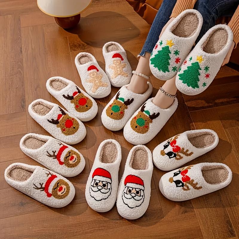 Cute Christmas Elk Pattern Fuzzy Slippers, Closed Toe Soft Sole Flat Plush Slippers, Winter Warm Home Slippers,Cotton Slippers for Women Men