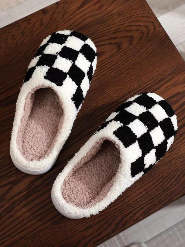 Women's Checkerboard Pattern Plush Slippers, Cute Soft Comfortable Home Slippers, Warm Slippers for Indoor & Outdoor Use for Fall & Winter