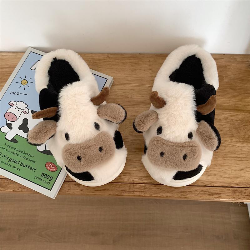 Women's Cute Cow Slippers Winter Plush Cartoon Clog Slippers Soft Warm Anti-Slip House Shoes for Cold Weather