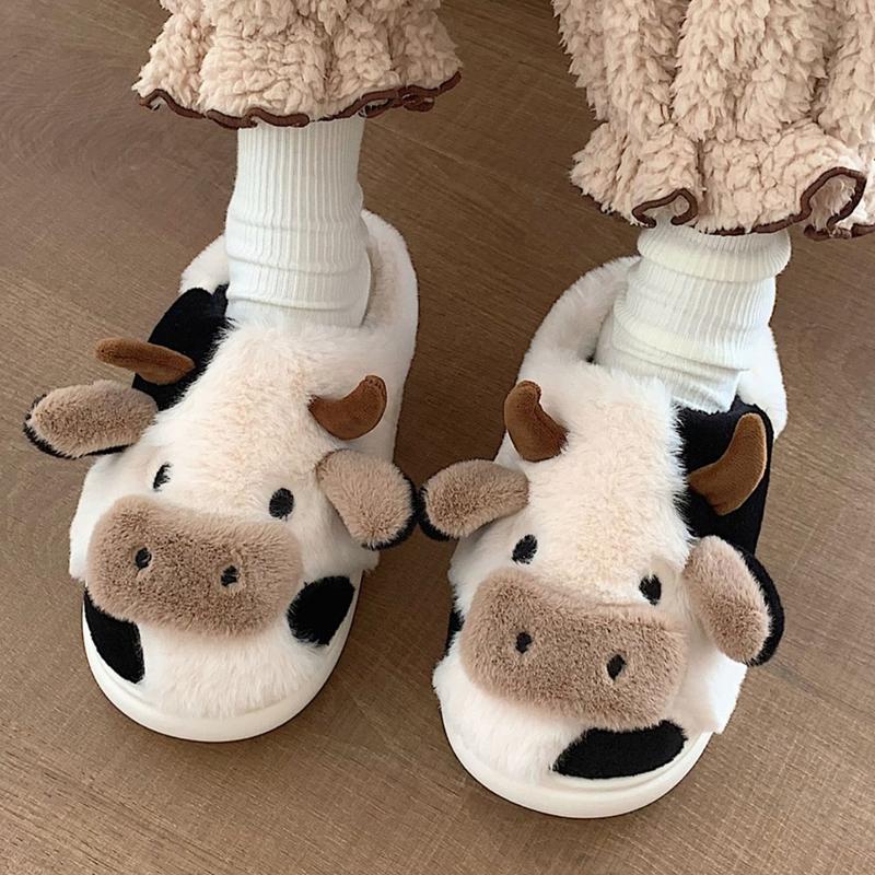 Women's Cute Cow Slippers Winter Plush Cartoon Clog Slippers Soft Warm Anti-Slip House Shoes for Cold Weather