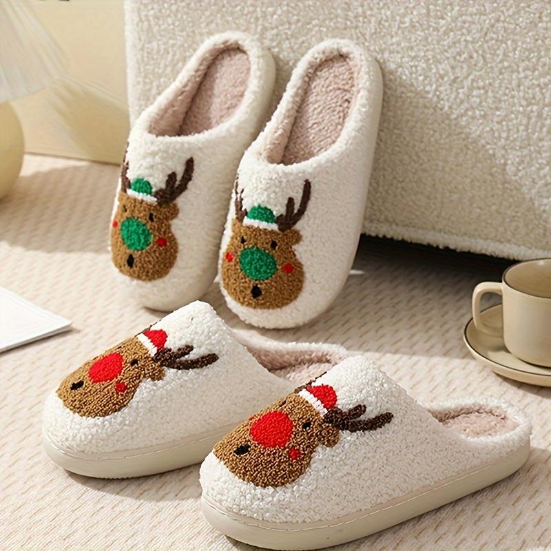 Cute Christmas Elk Pattern Fuzzy Slippers, Closed Toe Soft Sole Flat Plush Slippers, Winter Warm Home Slippers,Cotton Slippers for Women Men