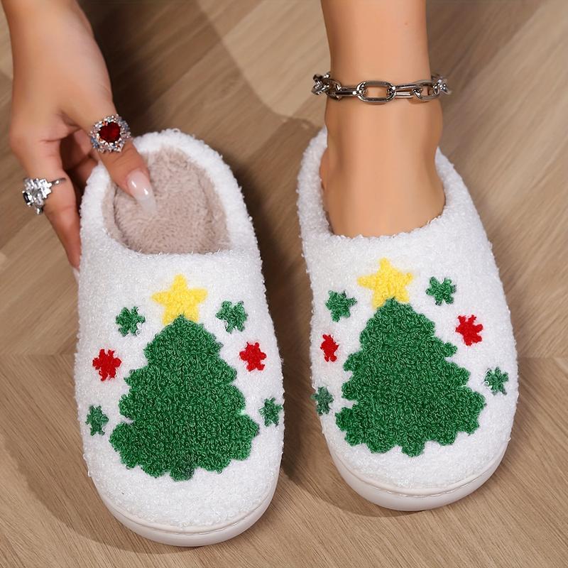 Cute Christmas Elk Pattern Fuzzy Slippers, Closed Toe Soft Sole Flat Plush Slippers, Winter Warm Home Slippers,Cotton Slippers for Women Men