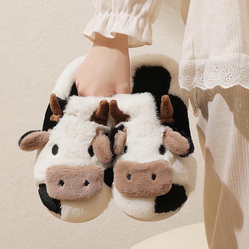 Women's Cute Cow Slippers Winter Plush Cartoon Clog Slippers Soft Warm Anti-Slip House Shoes for Cold Weather