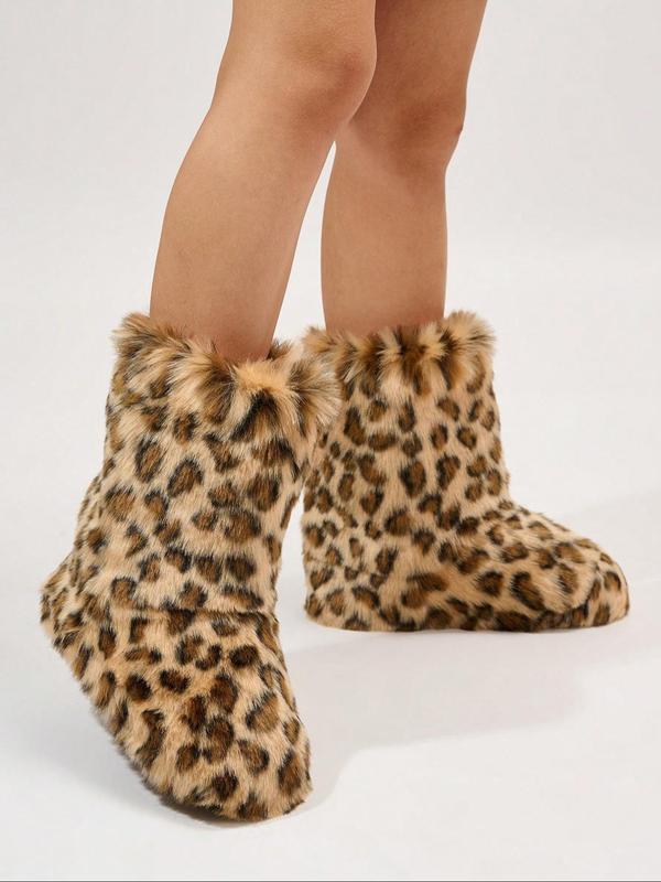 Women's Leopard Print Fluffy Lined Snow Boots, 2024 New Style Casual Warm Fuzzy Boots for Fall & Winter Outfits 2024, Female All-match Round Toe, Winter Shoes for Daily Wear