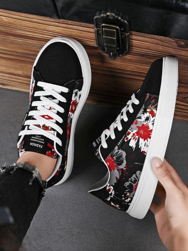 Men's Street Style Flower Print Lace Up Low Top Skate Shoes, Casual Fashionable Sports Shoes, Trendy All-match Sneakers for Daily Wear