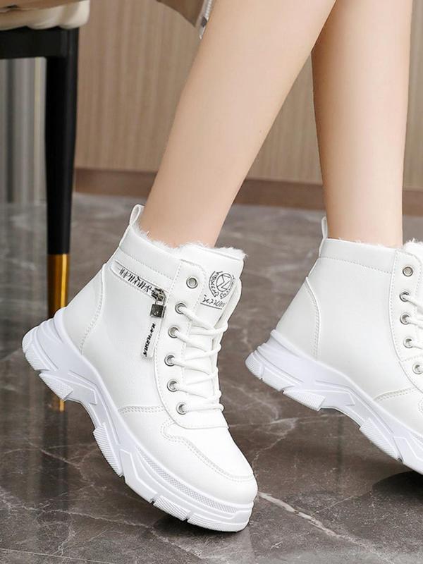 Women's Solid Color Lace Up Plush Lined Boots, Casual Comfortable Warm Thick Sole Boots for Fall & Winter, Female All-match Trend Shoes for Daily Wear