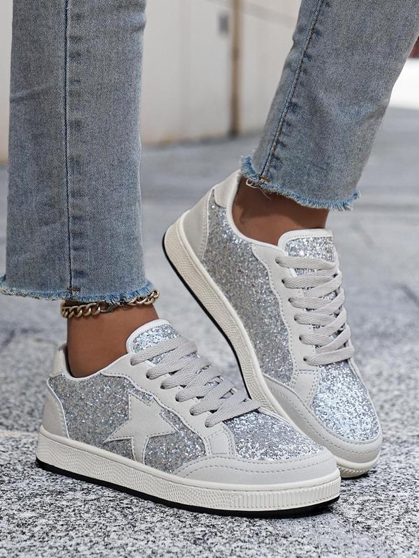 Women's Fashionable Star Pattern Contrast Sequin Design Lace-up Low Top Sneakers, Casual Comfortable Round Toe Sports Shoes, Trendy All-match Color-block Skate Shoes for Daily Wear