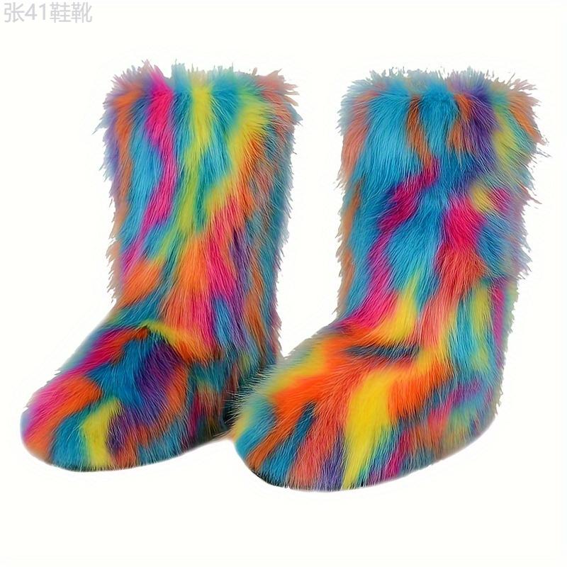 Women's Faux Fur Boots, Casual Slip On Furry Fluffy Snow Boots, Women's Comfortable Mid-Calf Boots Girl Walking Shoes