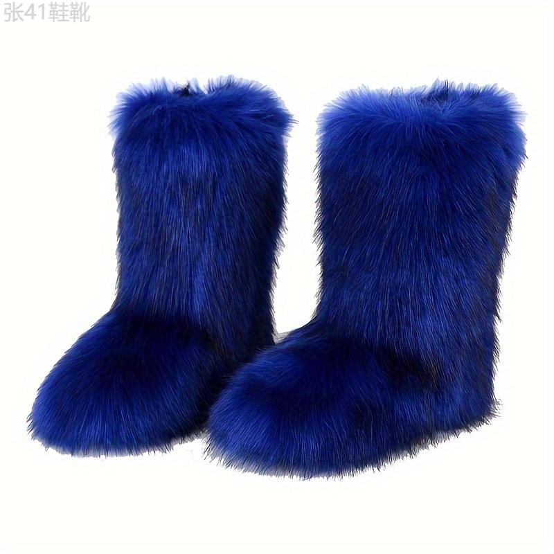 Women's Faux Fur Boots, Casual Slip On Furry Fluffy Snow Boots, Women's Comfortable Mid-Calf Boots Girl Walking Shoes