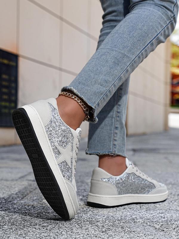 Women's Fashionable Star Pattern Contrast Sequin Design Lace-up Low Top Sneakers, Casual Comfortable Round Toe Sports Shoes, Trendy All-match Color-block Skate Shoes for Daily Wear