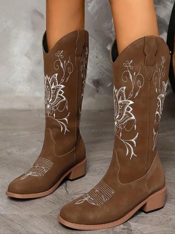 Women's Fashionable Embroidered Design Cowboy Boots, Casual Pointed Toe Boots for Fall & Winter, Female All-match Trendy Shoes for Daily Wear Wide Calf Boots Women