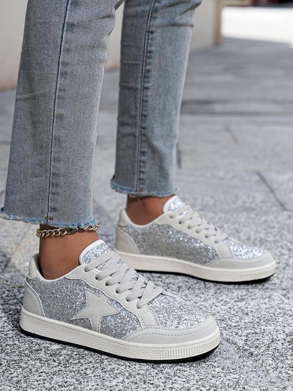 Women's Fashionable Star Pattern Contrast Sequin Design Lace-up Low Top Sneakers, Casual Comfortable Round Toe Sports Shoes, Trendy All-match Color-block Skate Shoes for Daily Wear