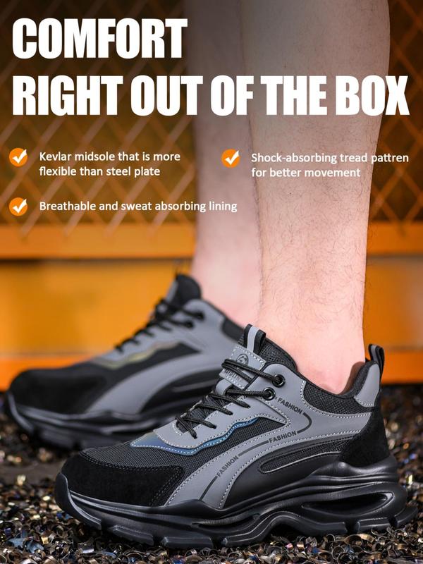 Men's Fashionable Lace Up Front Patched Design Work Shoes, Casual Comfortable Breathable Lightweight Safety Shoes, Anti-smash and Anti-puncture Shoes for Daily Wear