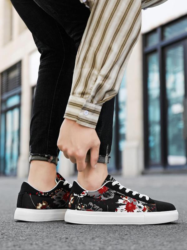 Men's Street Style Flower Print Lace Up Low Top Skate Shoes, Casual Fashionable Sports Shoes, Trendy All-match Sneakers for Daily Wear