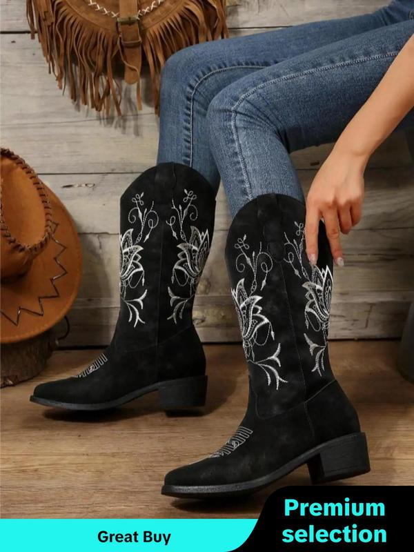 Women's Fashionable Embroidered Design Cowboy Boots, Casual Pointed Toe Boots for Fall & Winter, Female All-match Trendy Shoes for Daily Wear Wide Calf Boots Women