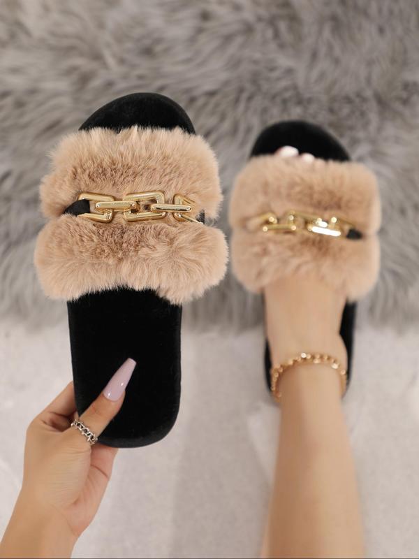 Women's Solid Color Chain Decor Fluffy Slippers, Casual Soft Comfortable Home Slippers, Warm Slippers for Indoor & Outdoor Use for Fall & Winter