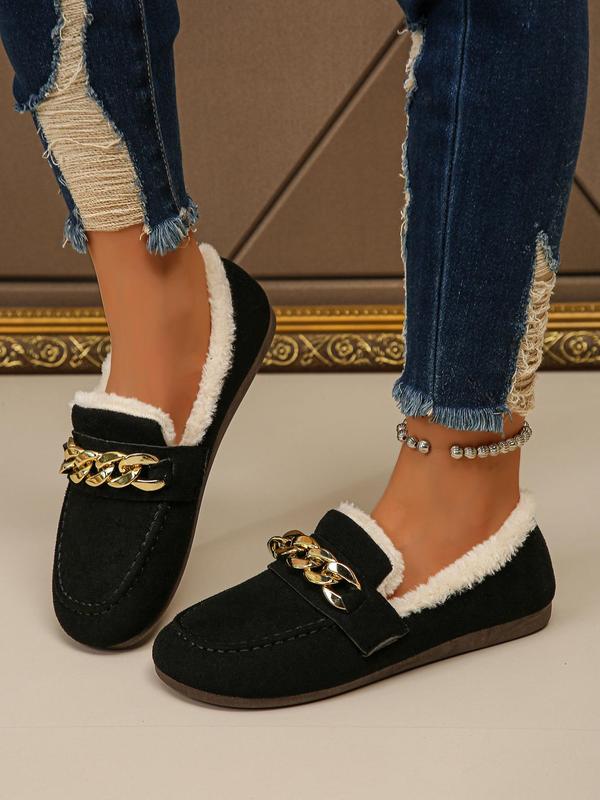 Women's Fashionable Chain Decorated Slip on Suede Sneakers, Fall Outfits, Fall Freshness, Casual Comfortable Flats for Fall & Winter, Female All-match Round Toe Fall Shoes for Women for Daily Wear