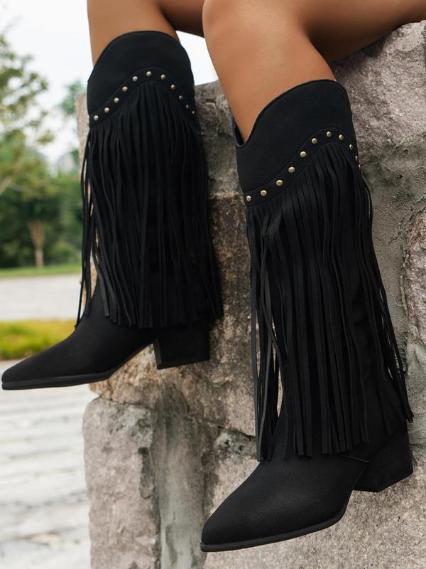 Women's Fashionable Fringe Decorated Rivet Design Boots, Casual Pointed Toe Boots for Fall & Winter, All-match Boots for Daily Wear