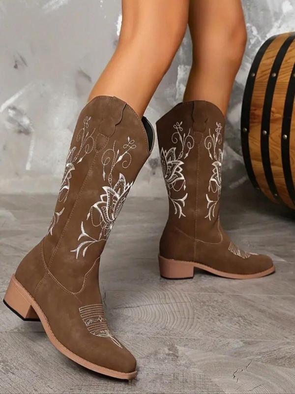 Women's Fashionable Embroidered Design Cowboy Boots, Casual Pointed Toe Boots for Fall & Winter, Female All-match Trendy Shoes for Daily Wear Wide Calf Boots Women