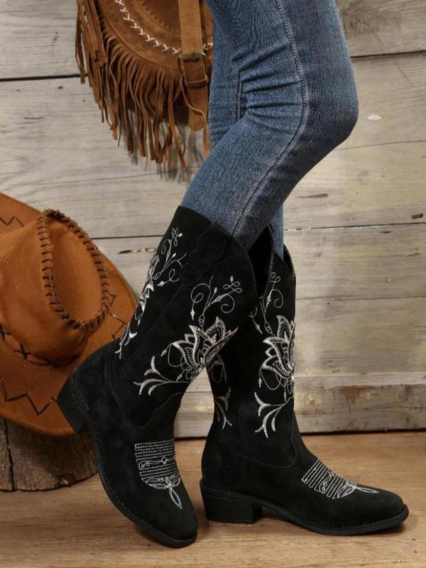 Women's Fashionable Embroidered Design Cowboy Boots, Casual Pointed Toe Boots for Fall & Winter, Female All-match Trendy Shoes for Daily Wear Wide Calf Boots Women