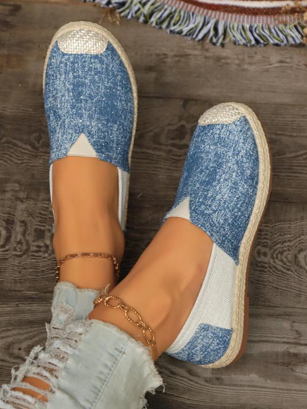 Women's Fashionable Denim-effect Slip on Flats, Casual Comfortable Patched Design Espadrilles, All-match Round Toe Shoes for Daily Wear