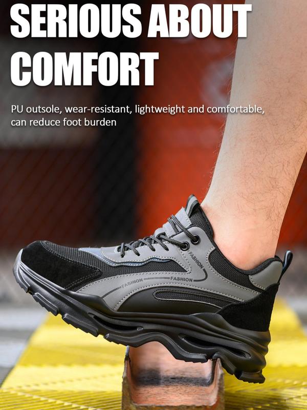 Men's Fashionable Lace Up Front Patched Design Work Shoes, Casual Comfortable Breathable Lightweight Safety Shoes, Anti-smash and Anti-puncture Shoes for Daily Wear