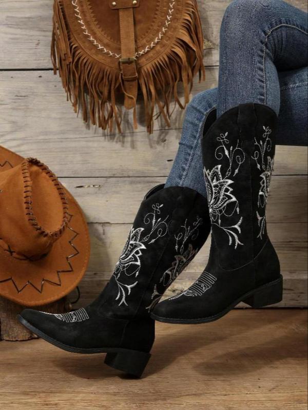 Women's Fashionable Embroidered Design Cowboy Boots, Casual Pointed Toe Boots for Fall & Winter, Female All-match Trendy Shoes for Daily Wear Wide Calf Boots Women