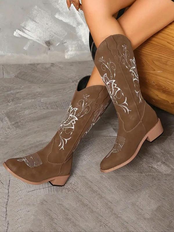 Women's Fashionable Embroidered Design Cowboy Boots, Casual Pointed Toe Boots for Fall & Winter, Female All-match Trendy Shoes for Daily Wear Wide Calf Boots Women