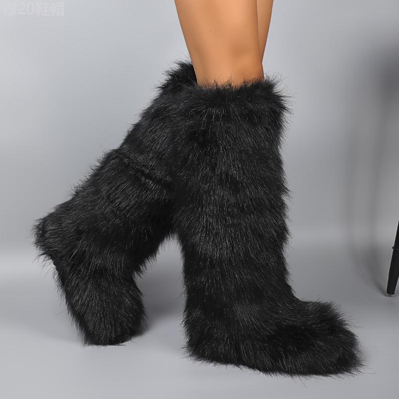 Women's Fluffy Faux Fur Boots, Pull On Platform Soft Sole High Knee Winter Boots, Round Toe Non-slip Warm Snow Boots Girl Walking Shoes